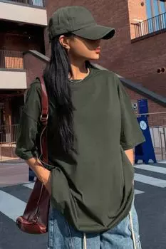 Хаки Базовая однотонная женская футболка оверсайз без принта Salas Boyfriend Millionaire