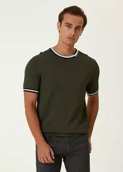 Хаки свитер с короткими рукавами в полоску и сотовую вязку Beymen