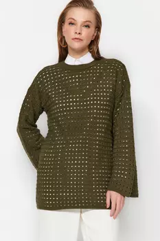 Хаки Удобный ажурный вязаный свитер Trendyol Modest
