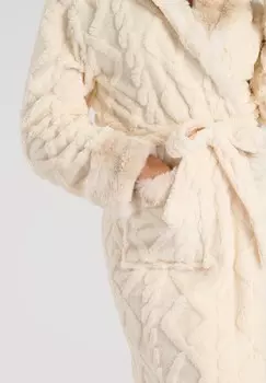 Халат CABLE SHERPA FAUX FUR TRIM HOODED MIDI Loungeable, молочный
