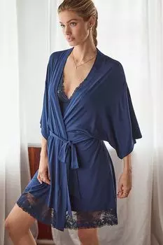 Халат Eberjey с кружевной отделкой, темно-синий