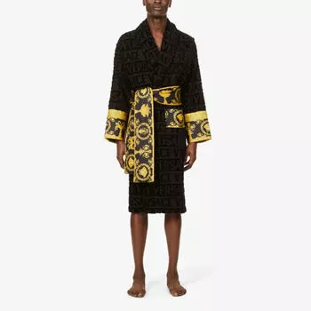 Халат из хлопковой махры с логотипом и принтом в стиле барокко Versace, черный