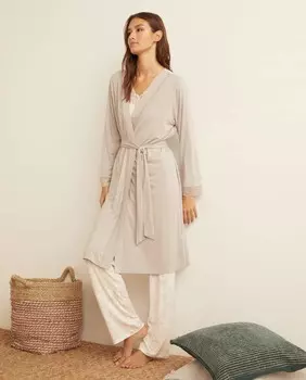 Халат из модала с запахом и кружевными манжетами nfasis, светло-серый
