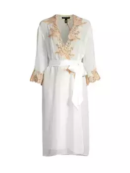Халат из шелка и кружева с орхидеей Kiki De Montparnasse, цвет ivory sucre