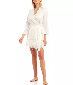 Халат Rya Collection Swan Charmeuse с отделкой из страусиных перьев и рукавами 3/4, слоновая кость