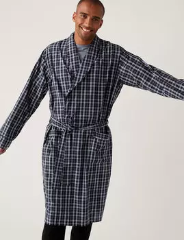 Халат в клетку из смеси хлопка Marks & Spencer, синий микс