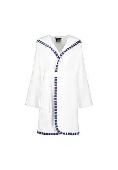 Халат женский полупальто с капюшоном однотонный с отделкой 3345 бело-синий - 612 Cawo, белый