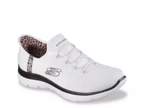 Hands Free Slip-Ins: Summits Leopard Chic Slip-On Кроссовки - женские Skechers, White Leopard Print