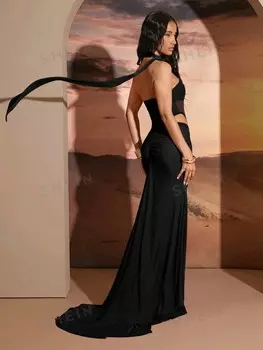 Haute Асимметричное платье на подкладке с овальным вырезом и рюшами Shein, черный