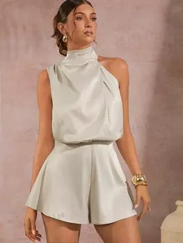 Haute Асимметричный атласный комбинезон с асимметричным передом Shein, абрикосовый