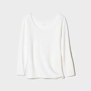 HEATTECH Очень теплая хлопковая термофутболка с круглым вырезом UNIQLO, белый