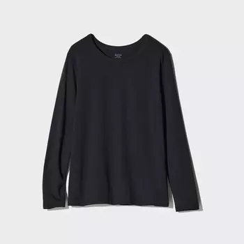 HEATTECH Очень теплая хлопковая термофутболка с круглым вырезом UNIQLO, черный