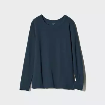 HEATTECH Очень теплая хлопковая термофутболка с круглым вырезом UNIQLO, темно-синий