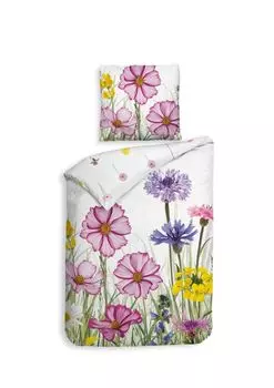 Heckett & Lane сатиновое постельное белье 135x200 Campo Белый цветочный луг розовый желтый синий