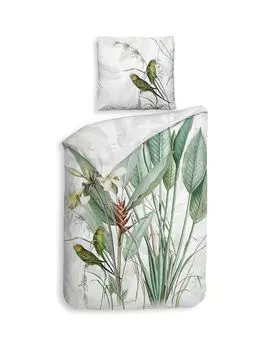 Heckett & Lane сатиновое постельное белье 155х220 Musa белый волнистый попугайчик листья зеленый