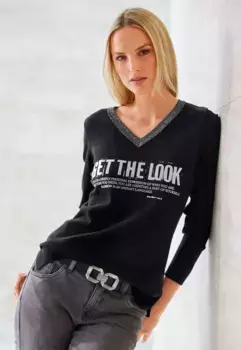 Heine Свитер с V-образным вырезом "Пуловер", цвет Schwarz-Bedruckt