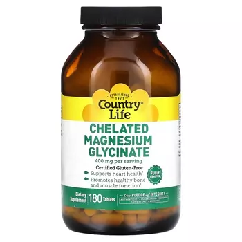 Хелатный глицинат магния Country Life 400 мг, 180 таблеток
