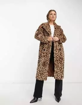 Helene Berman – Коричневая двубортная шуба из искусственного меха с леопардовым принтом