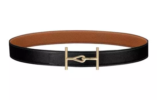 HERMES Элегантный двусторонний ремень Togo из телячьей кожи с золотой пряжкой, мужской, ширина 3,2 см