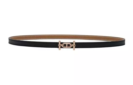 HERMES Ремень Ancre Togo из телячьей кожи с пряжкой цвета розового золота, черный, ширина 1,3 см
