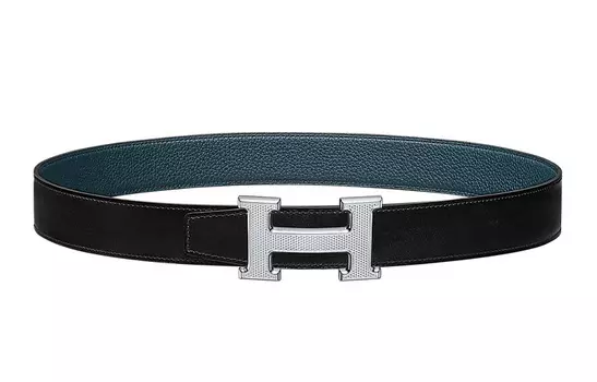 HERMES Ремень из коровьей кожи с гильошированным узором, унисекс, черный/берлинская лазурь, ширина 3,2 см