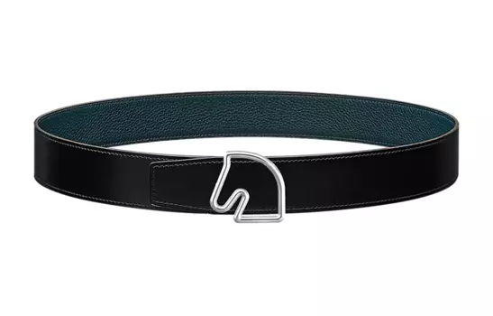 HERMES Ремень из кожи Tete De Cheval с двусторонним узором лошади и гладкой пряжкой, унисекс, черный, ширина 3,8 см