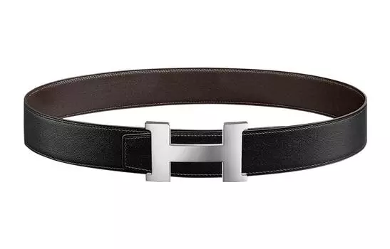 HERMES Ремень из телячьей кожи Togo с блестящей серебряной пряжкой, мужской, черный/черный, минималистский стиль, двусторонний, ширина: 3,8 см