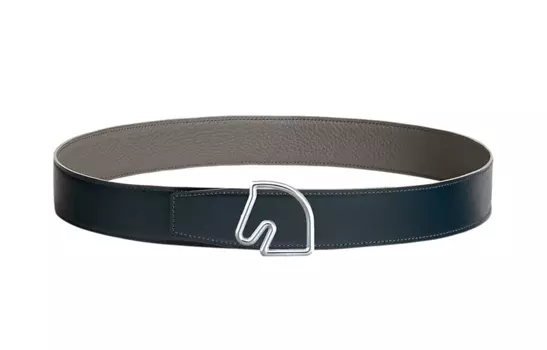 HERMES Ремень мужской черный из телячьей кожи с однотонным декором и гладкой пряжкой Tete De Cheval, ширина 3,8 см