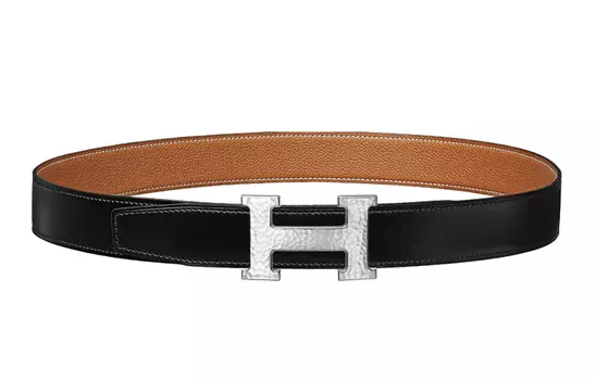 HERMES Ремень мужской, черный/золотой, с серебряной пряжкой и буквой H Martelee H, двусторонний, из телячьей кожи Togo, ширина 3,2 см