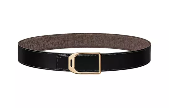 HERMES Ремень Racing Jockey из телячьей кожи с гладкой пряжкой, двустороний, мужской, черного цвета, ширина: 3,8 см