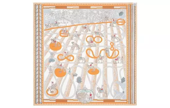 HERMES Шелковый шарф женский оранжевый/белые/синие