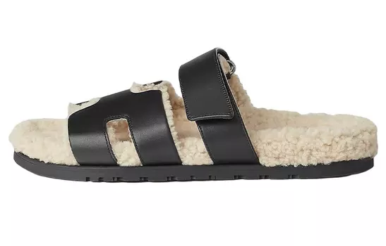 Мужские шлепанцы Hermes с мехом, черный/белый