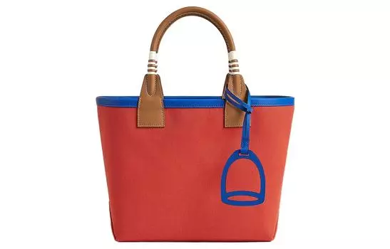 HERMES Сумка из парусины Steeple с телячьей кожей Swift, женская, оранжево-красная/золотая/королевско-синяя