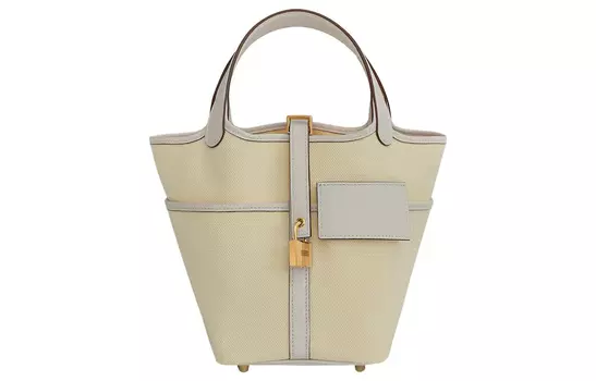 HERMES Сумка-корзина из холщовой ткани с замком Picotin и телячьей кожей Swift, женская, светло-бежевая/кремово-белая