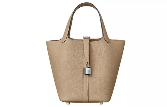 HERMES Сумка-корзина Picotin Clemence Bullock из кожи, сумка-ведро, обычная женская, размер S2, бежево-серый