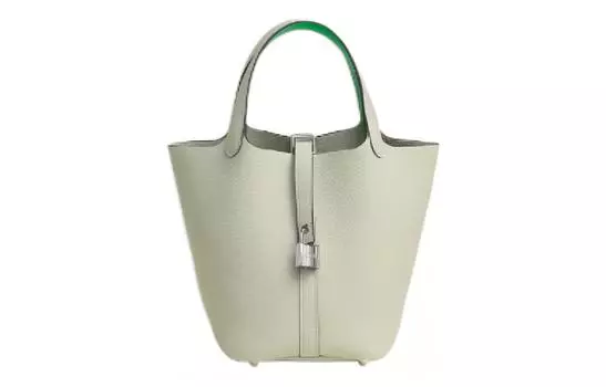 HERMES Сумка-корзина Taurillon Clemence из кожи с замком Picotin Lock, женская, серо-зеленая