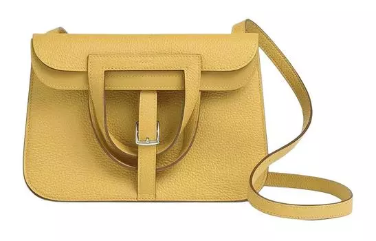 HERMES Сумка-подкова из кожи Halzan Clemence Bullock, женская, через плечо, цвета солнечного золота и желтого