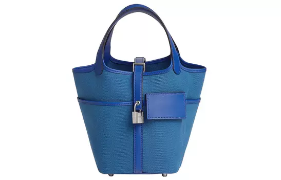 HERMES Сумка-ведро из холста с телячьей кожей, карманная сумка, размер 18, женская, цвет Эгейское море/королевский синий