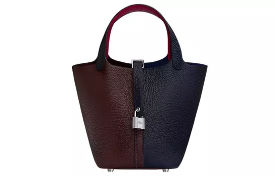 HERMES Сумка-ведро Little Bull из кожи с замком Picotin, женская, темно-синяя, седельно-красная и малиново-красная