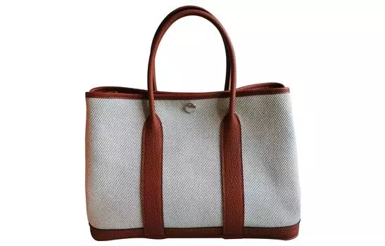 HERMES Женская сумка-мессенджер Garden Party из холста и кожи, бежевого/синего/медно-красного цвета