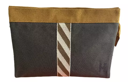 HERMES Женская тканевая косметичка-клатч серо-желто-коричневого цвета