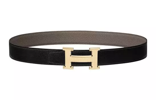 HERMES Женский кожаный ремень H Stripes, черный/оловянно-серые