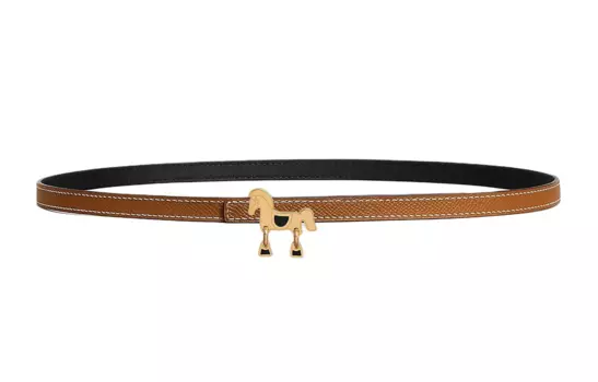 HERMES Женский ремень из кожи с гладкой пряжкой в виде лошади, коричневого/черного цвета, ширина: 1,3 см