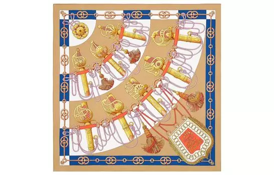 HERMES Женский шелковый шарф цвета верблюжьей шерсти/индиго/античное золото