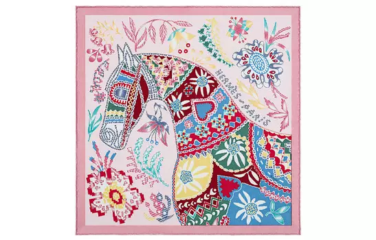 HERMES Женский шелковый шарф розового/джинсового/желтого цветов