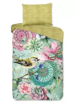 ХИП-постельное белье "Xabine" с мандалами, цветами и птицами - зеленый - 140 х 200 см - 100% хлопок/сатин Muller Textil