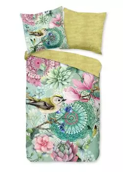 ХИП постельное белье "Xabine" с мандалами, цветами и птицами - зеленый - 200 х 200 см - 100% хлопок/сатин Muller Textil