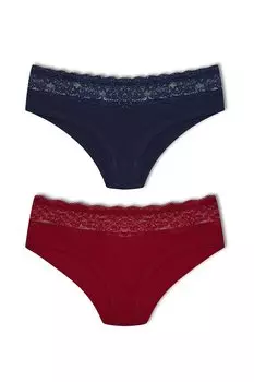 Хипстерские женские трусики с хлопковой талией и кружевом, состоящие из 2 предметов HNX, темно-синий-бордовый красный