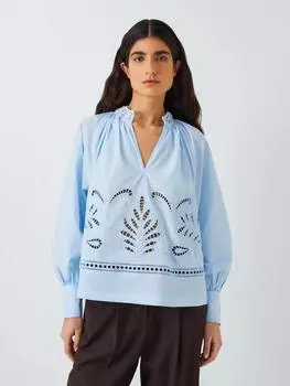 Хлопчатобумажная блузка с цветочным вырезом John Lewis, синий