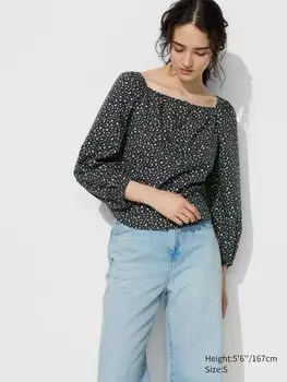 Хлопчатобумажная блузка с квадратным вырезом принт Uniqlo, синий